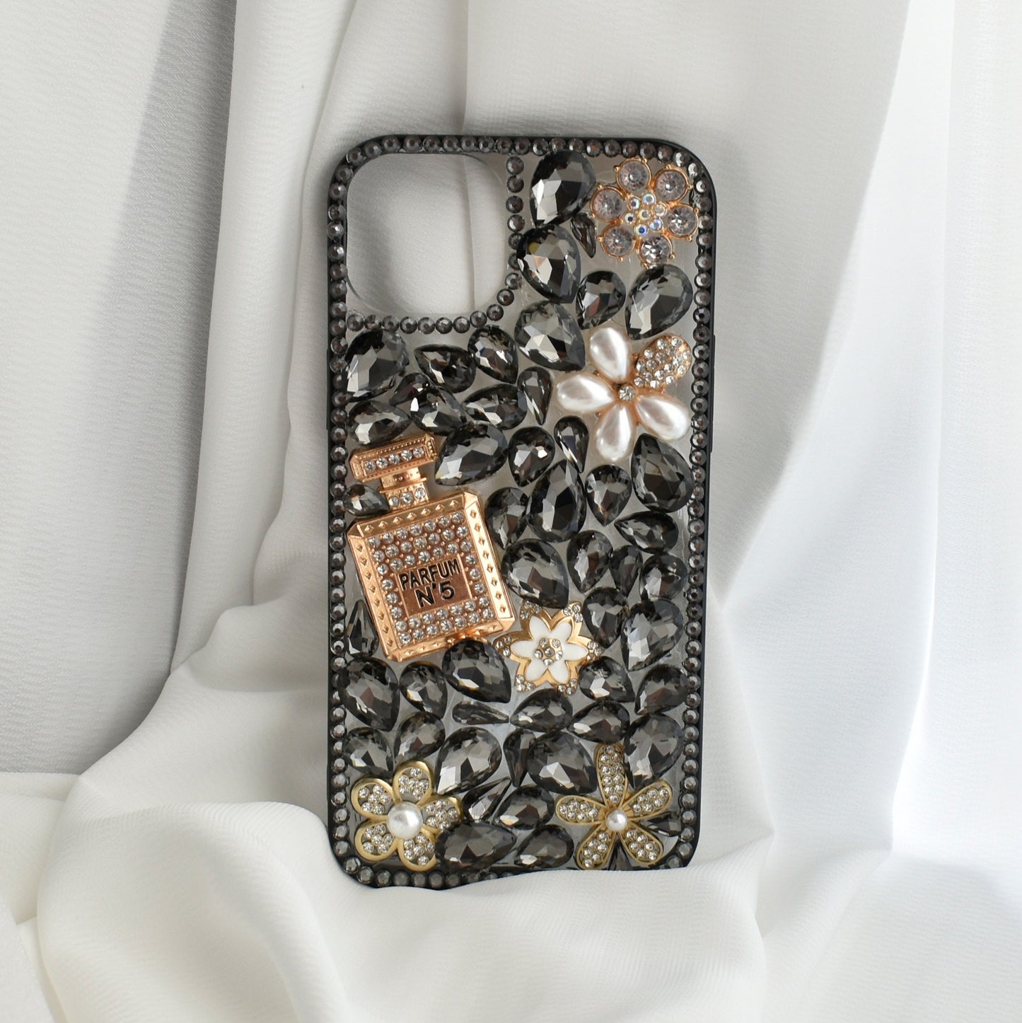 Stunning Handmade Diamond Encrusted Full Wrap Silicone Black iPhone case with Perfume bottle - iPhone 14/13
