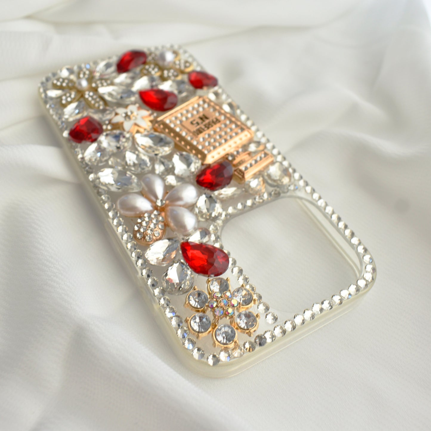 Stunning Handmade Diamond Encrusted Full Wrap Silicone Red iPhone case with Perfume bottle - iPhone 14/13