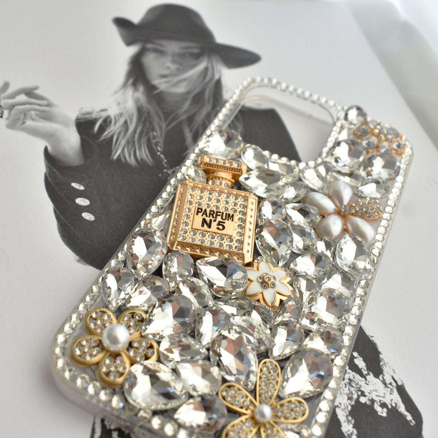 Pearl Diamond Encrusted Full Wrap Silicone White iPhone case with Perfume bottle - iPhone 14/13