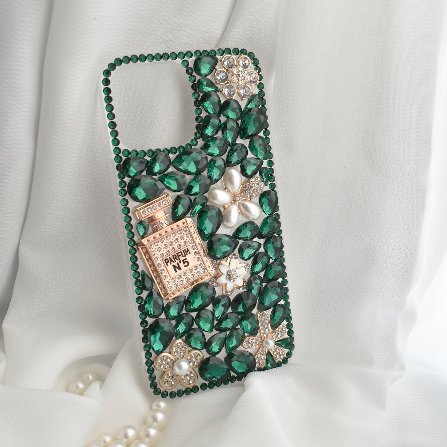 Green Crystal Encrusted Full Wrap Silicone iPhone case with Perfume bottle - iPhone 13 Pro/ 13 Pro Max