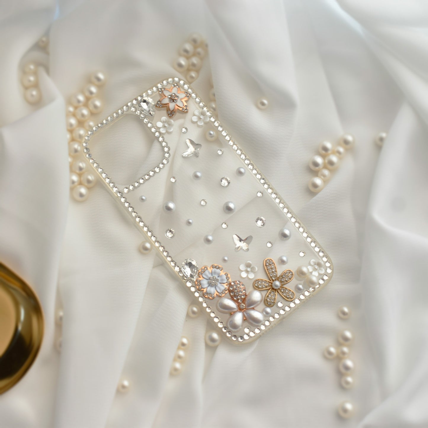 Pearl Floral Handmade Diamond Encrusted Full Wrap Silicone with Butterfly iPhone Case - iPhone 13 PRO