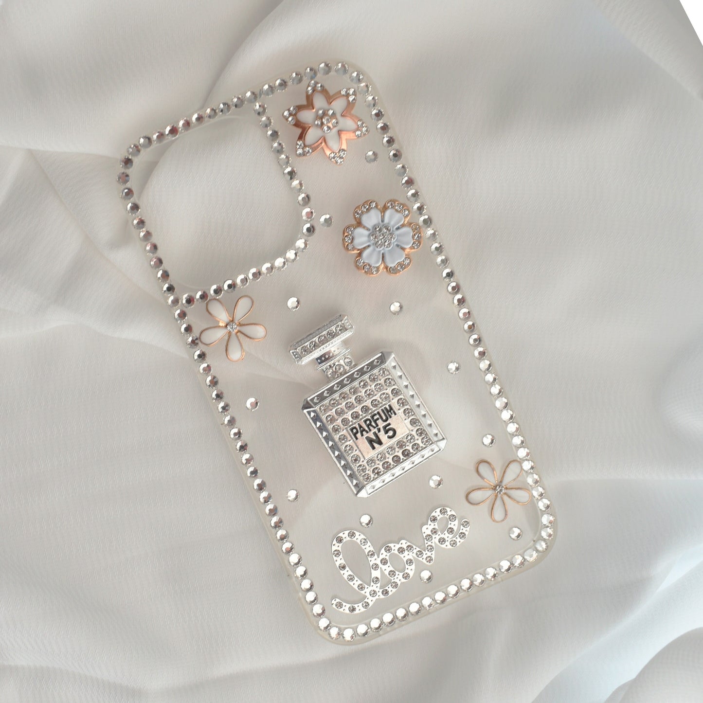 White Perfume Bottle with Love Encrusted Full Wrap Silicone iPhone case - iPhone 13 PRO/13 PRO MAX