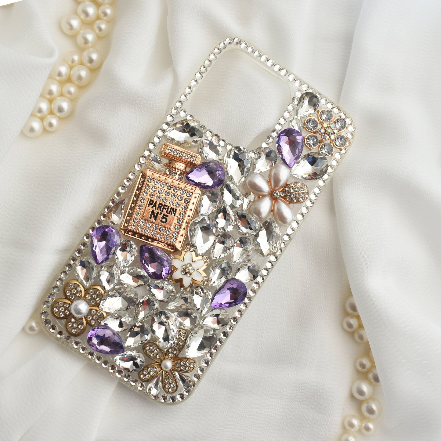 Purple Crystal Case with Perfume Bottle Encrusted Full Wrap Silicone - iPhone 14/13