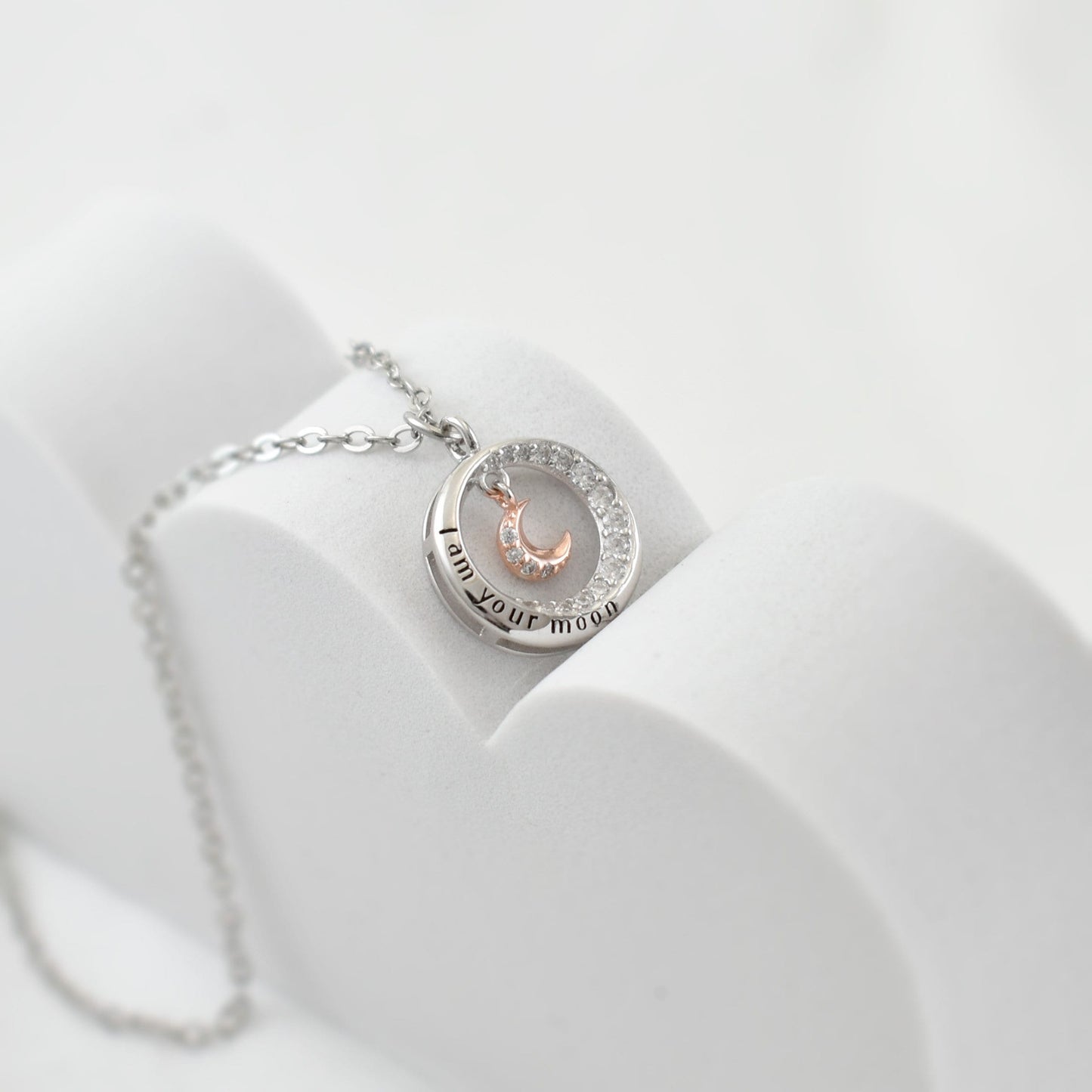 Silver Crystaled Small Crescent Necklace