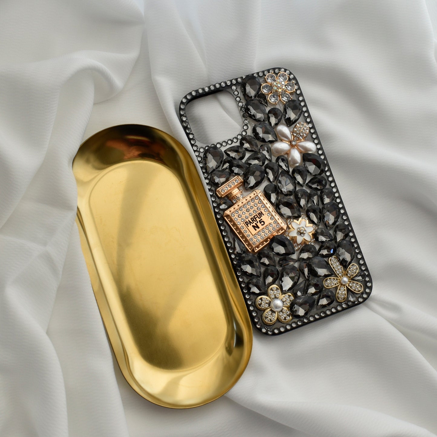 Stunning Handmade Diamond Encrusted Full Wrap Silicone Black iPhone case with Perfume bottle - iPhone 14/13