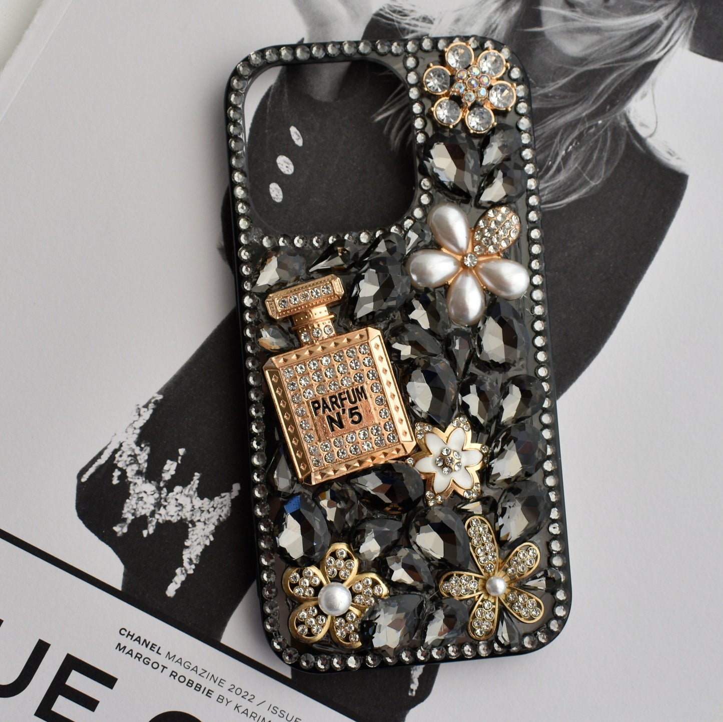 Stunning Handmade Diamond Encrusted Full Wrap Silicone Black iPhone case with Perfume bottle - iPhone 14/13