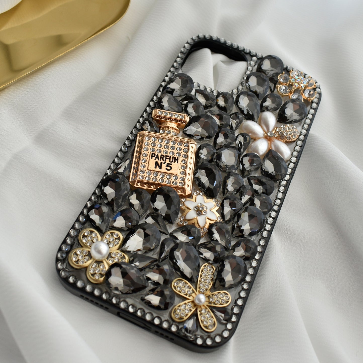 Stunning Handmade Diamond Encrusted Full Wrap Silicone Black iPhone case with Perfume bottle - iPhone 14/13