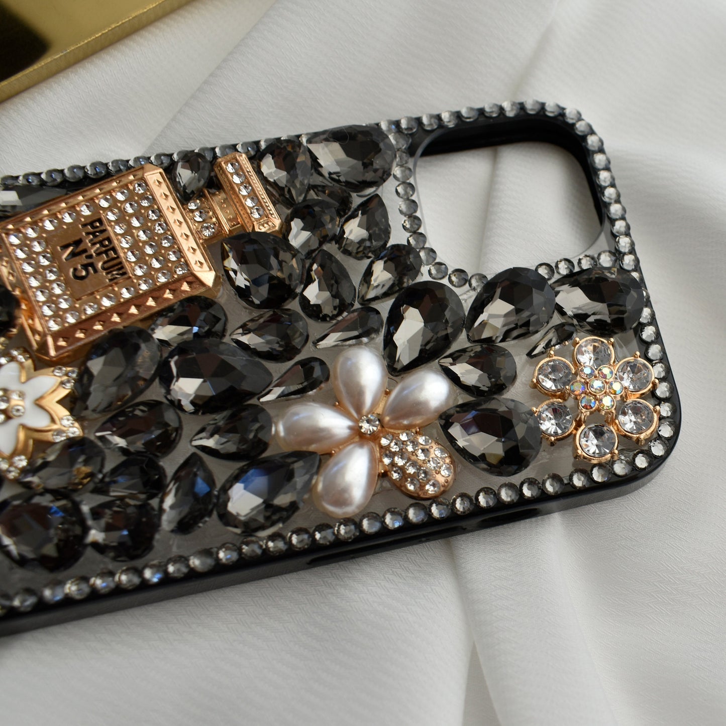 Stunning Handmade Diamond Encrusted Full Wrap Silicone Black iPhone case with Perfume bottle - iPhone 14/13