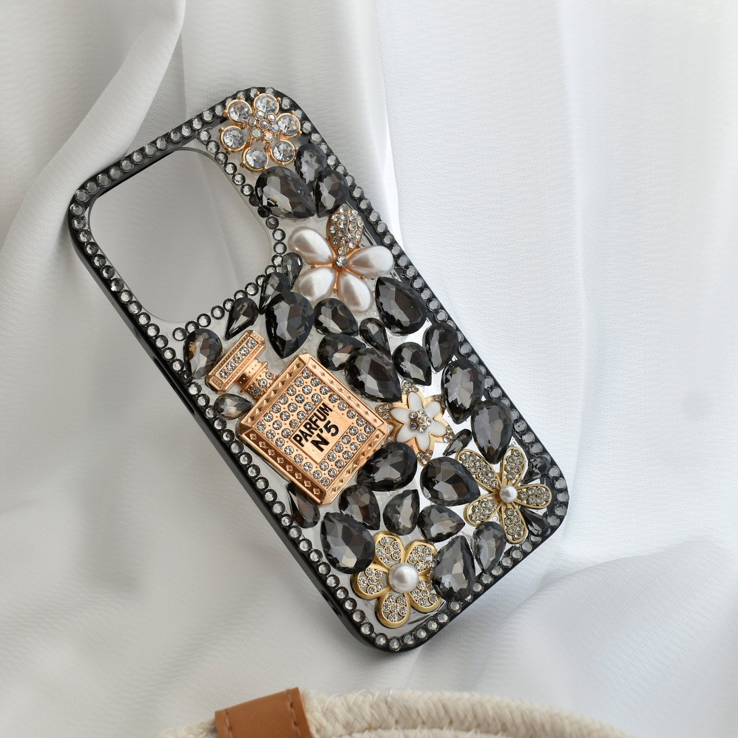 Stunning Handmade Diamond Encrusted Full Wrap Silicone Black iPhone case with Perfume bottle - iPhone 14/13