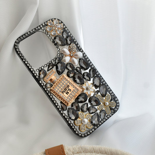Stunning Handmade Diamond Encrusted Full Wrap Silicone Black iPhone case with Perfume bottle - iPhone 14/13
