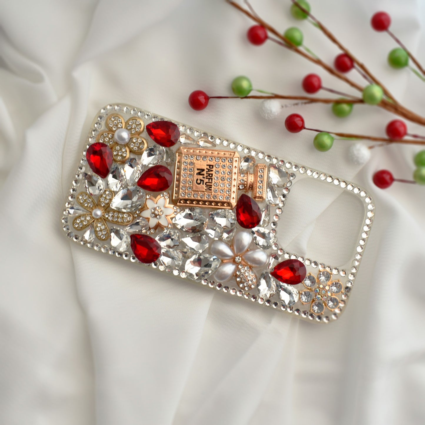 Stunning Handmade Diamond Encrusted Full Wrap Silicone Red iPhone case with Perfume bottle - iPhone 14/13