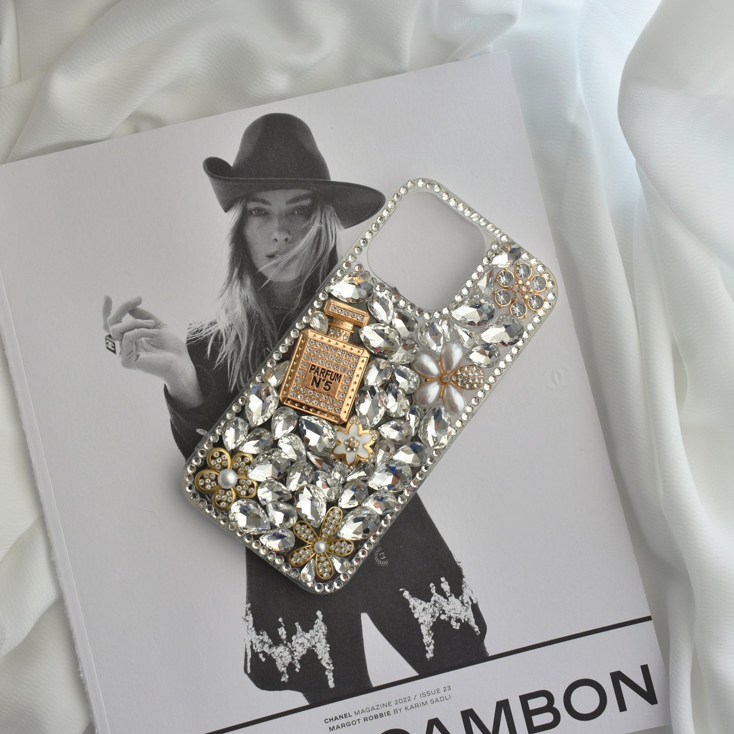 Pearl Diamond Encrusted Full Wrap Silicone White iPhone case with Perfume bottle - iPhone 14/13