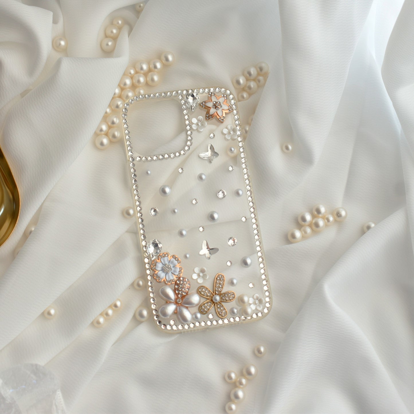 Pearl Floral Handmade Diamond Encrusted Full Wrap Silicone with Butterfly iPhone Case - iPhone 13 PRO