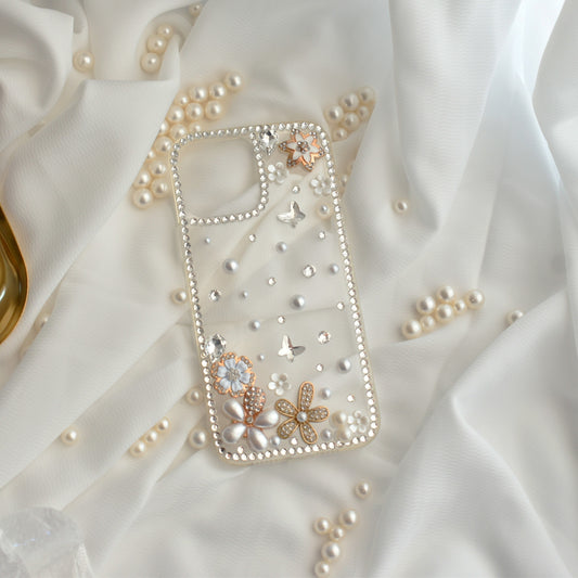 Pearl Floral Handmade Diamond Encrusted Full Wrap Silicone with Butterfly iPhone Case - iPhone 13 PRO