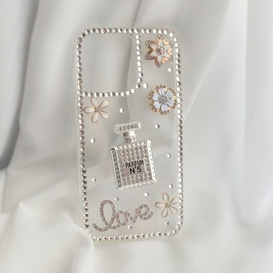 White Perfume Bottle with Love Encrusted Full Wrap Silicone iPhone case - iPhone 13 PRO/13 PRO MAX
