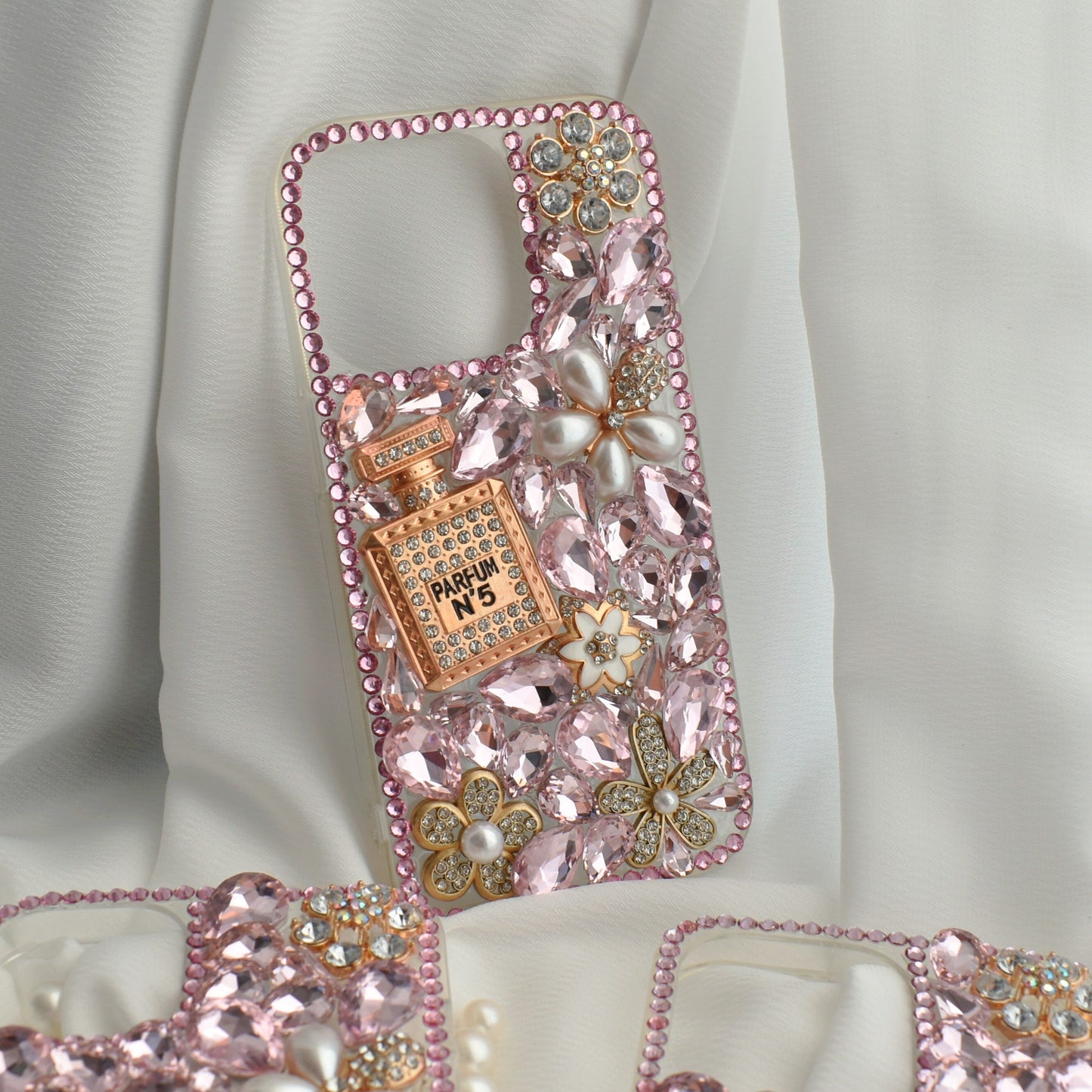 Pink Crystal Encrusted Full Wrap Silicone  iPhone case with Perfume bottle - iPhone 14/13