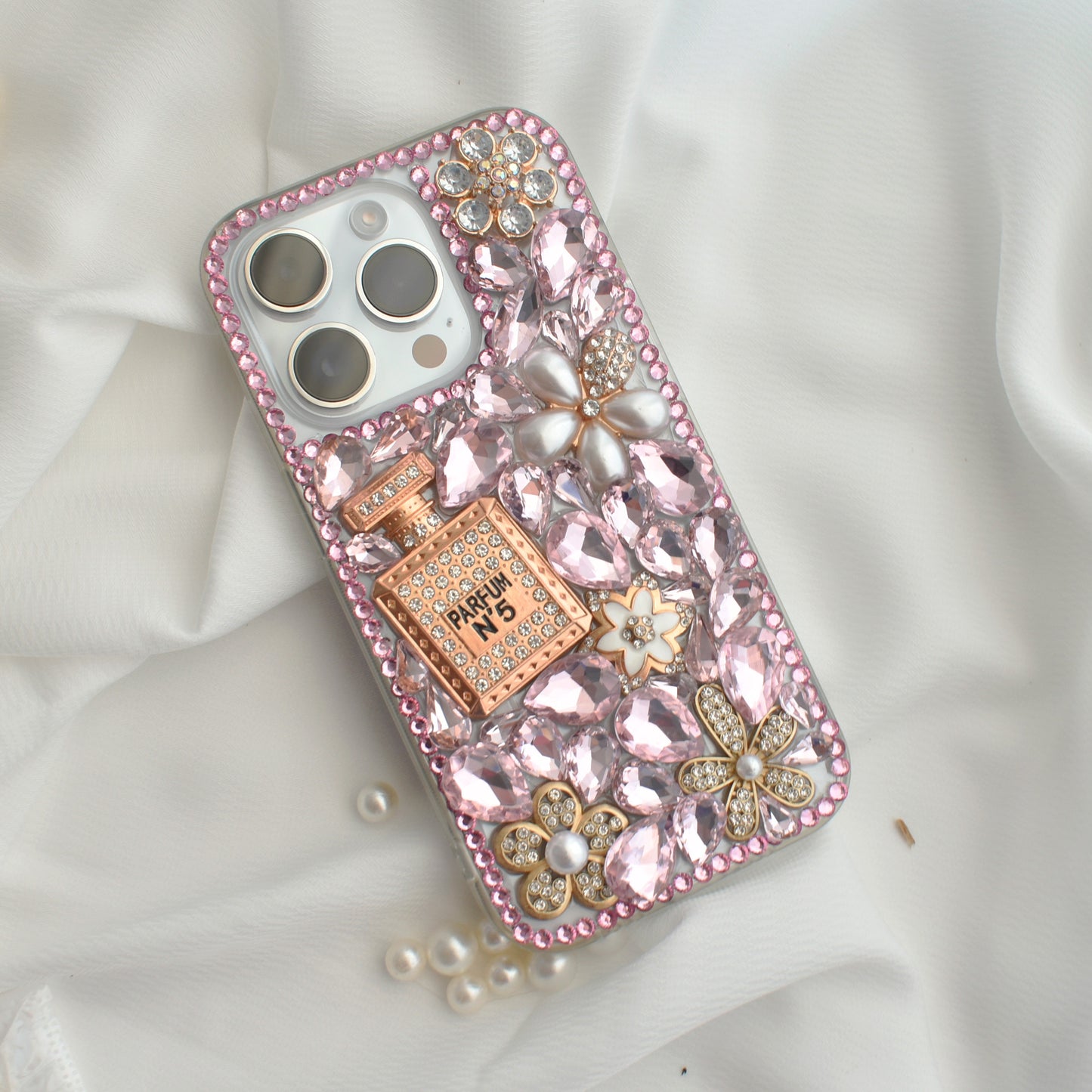 Pink Crystal Encrusted Full Wrap Silicone  iPhone case with Perfume bottle - iPhone 14/13