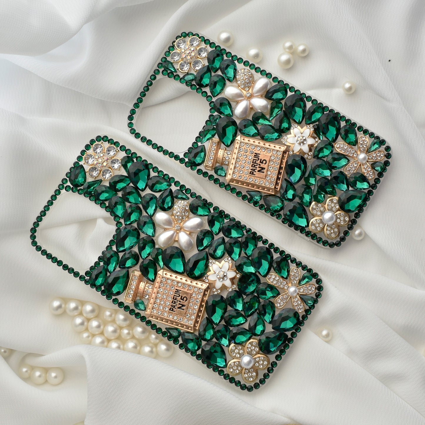 Green Crystal Encrusted Full Wrap Silicone  iPhone case with Perfume bottle - iPhone 13 Pro/ 13 Pro Max