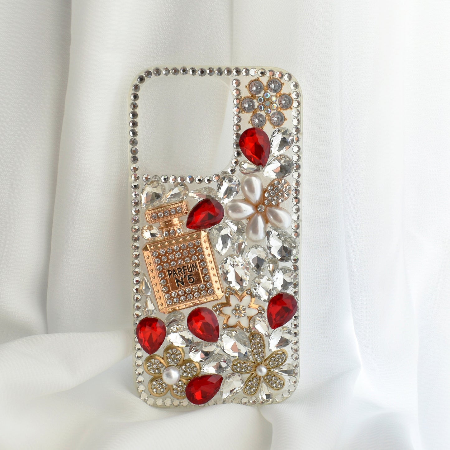 Stunning Handmade Diamond Encrusted Full Wrap Silicone Red iPhone case with Perfume bottle - iPhone 14/13
