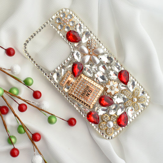 Stunning Handmade Diamond Encrusted Full Wrap Silicone Red iPhone case with Perfume bottle - iPhone 14/13