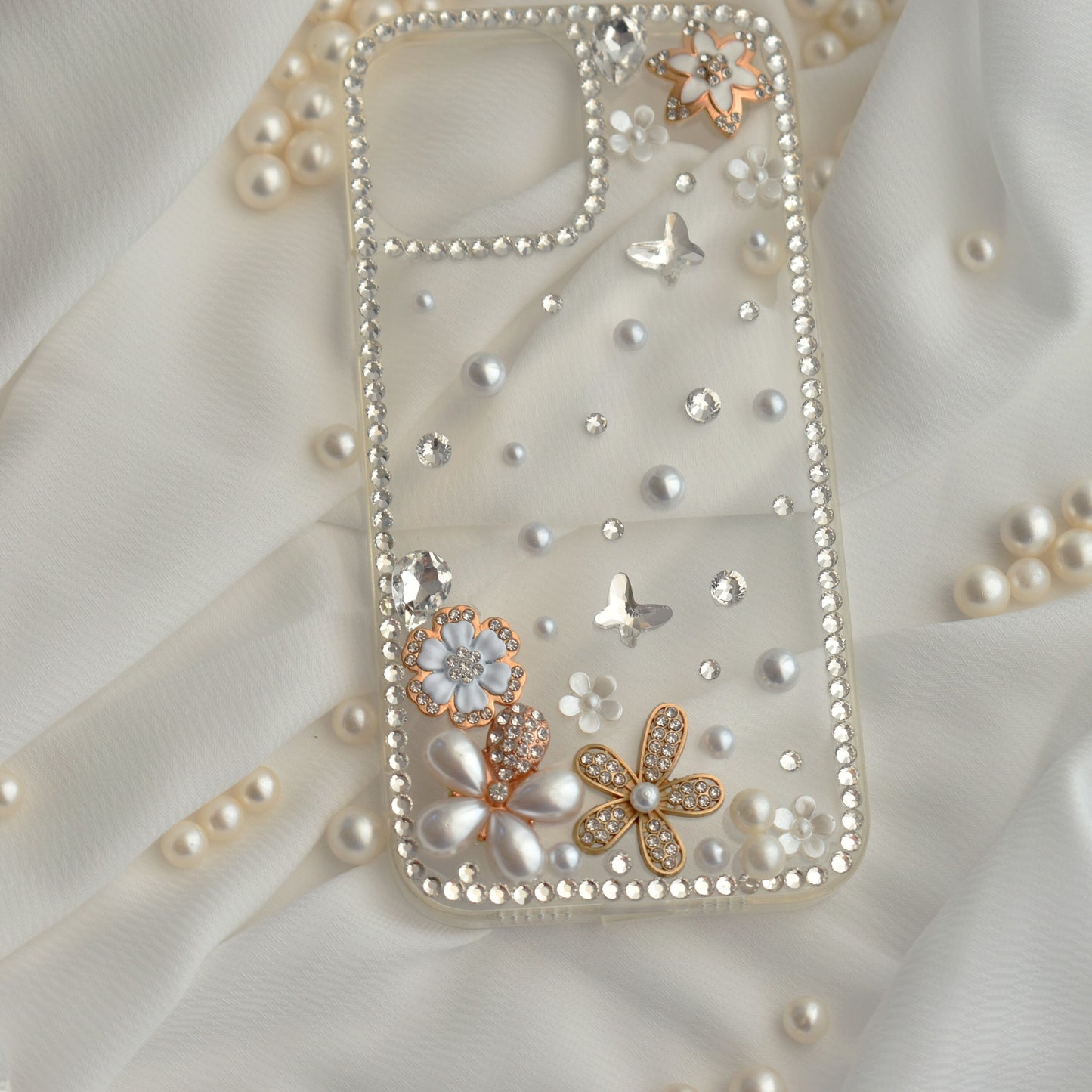 Pearl Floral Handmade Diamond Encrusted Full Wrap Silicone with Butterfly iPhone Case - iPhone 13 PRO