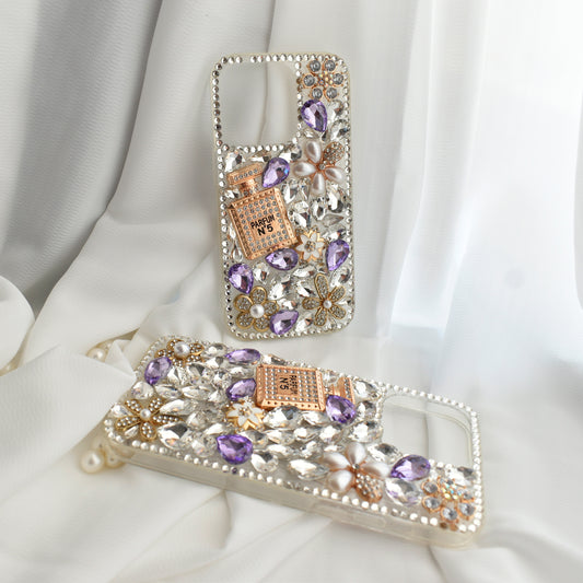 Purple Crystal Case with Perfume Bottle Encrusted Full Wrap Silicone - iPhone 14/13