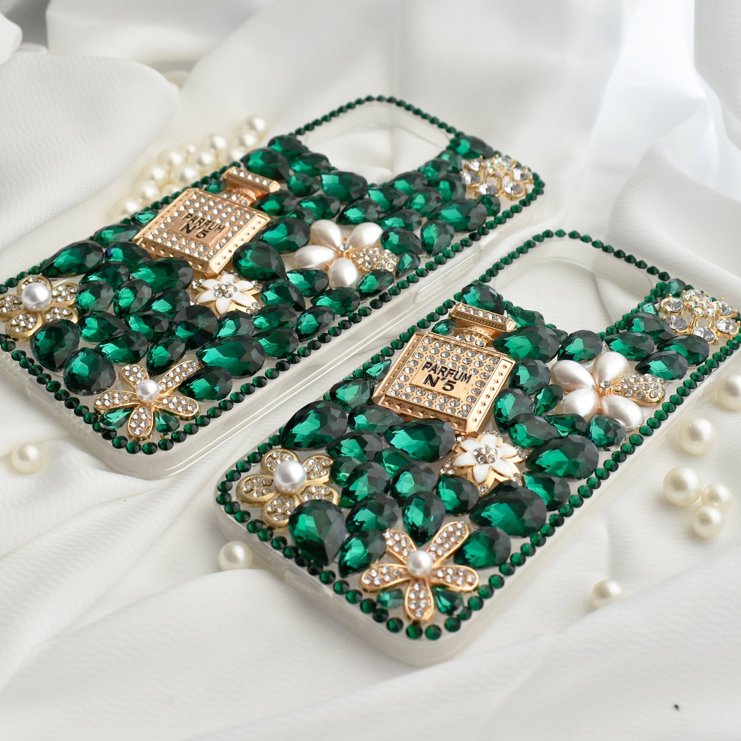 Green Crystal Encrusted Full Wrap Silicone  iPhone case with Perfume bottle - iPhone 13 Pro/ 13 Pro Max