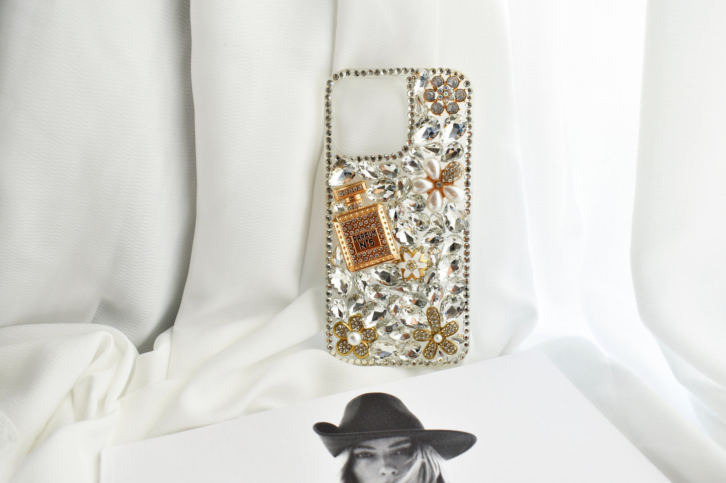 Pearl Diamond Encrusted Full Wrap Silicone White iPhone case with Perfume bottle - iPhone 14/13