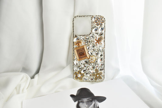 Pearl Diamond Encrusted Full Wrap Silicone White iPhone case with Perfume bottle - iPhone 14/13